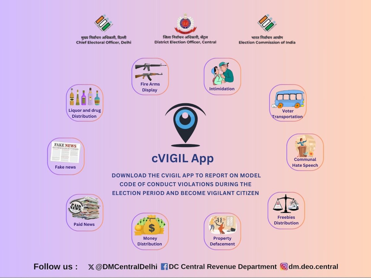 DMCentralDelhi's tweet photo. Protect the integrity of #DelhiElections2025. Report model code infractions instantly with the cVIGIL app. Let's safeguard our democratic process together! 

#ElectionCommission
#cVIGIL #FreeAndFairElections https://t.co/BxlJKIem5C