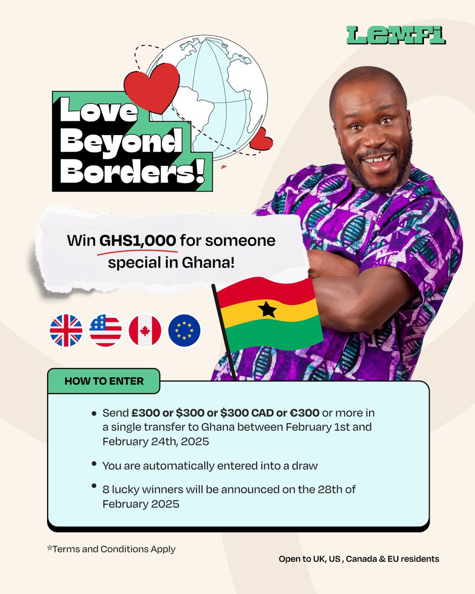 officialrasnene's tweet photo. Wo ho dɔ nti, Yebɛ ma wo akyɛdeɛ! :gift:
Win GHS 1,000 for someone special in :flag-gh:
HOW TO ENTER:
:heavy_check_mark: Send $300, £300, €300, or $300 CAD+ in a single transfer to Ghana between Feb 1st – Feb 24th, 2025.
Swipe for more details!
Use my code ‘DRLIKEE’ for a cashba https://t.co/6mtAKQUPwI