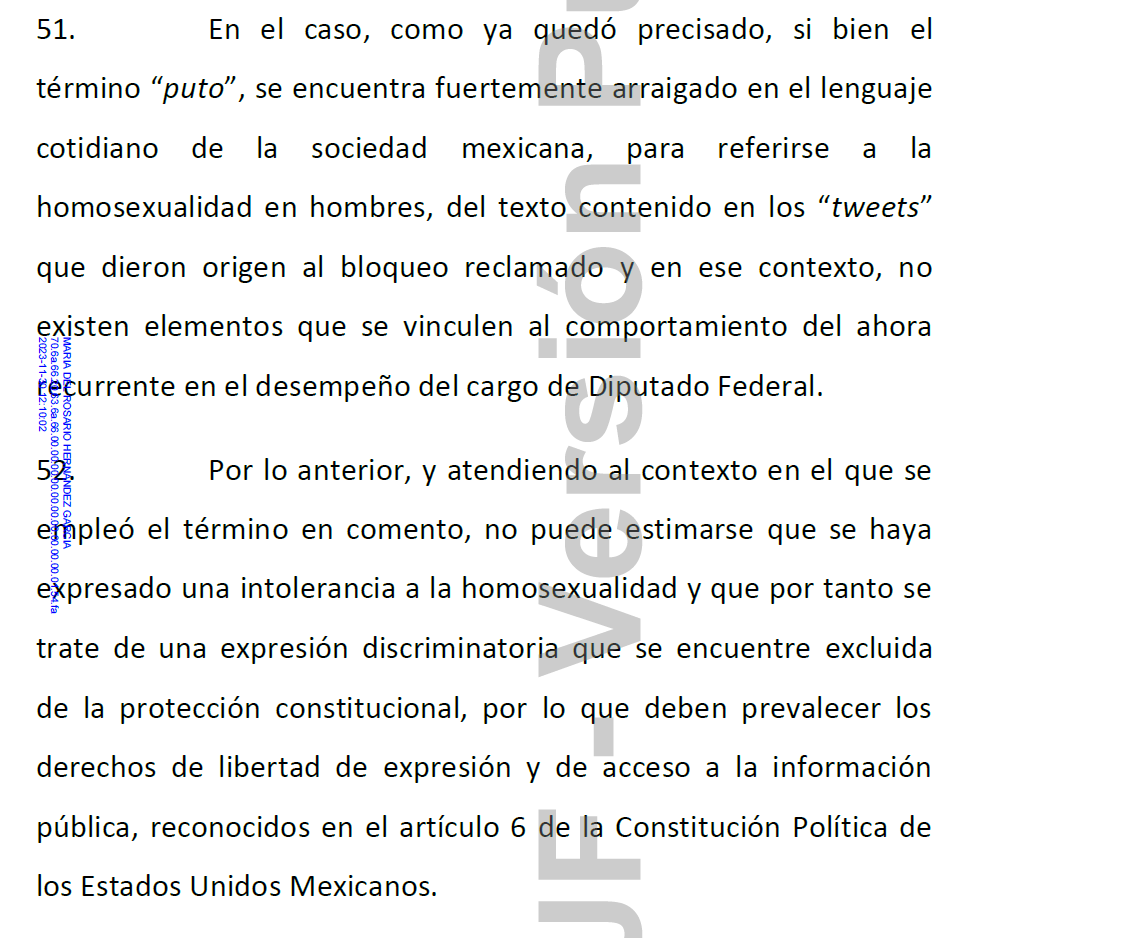 Un tribunal colegiado analizó la palabra "pvto".

Resolvió que decirle "pvto" a un diputado federal, en un contexto de debate, está amparado por la libertad de expresión.

¿Qué opinan?
