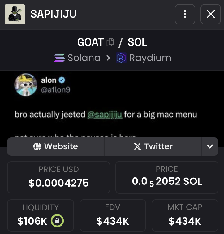 0xKalashnikov's tweet photo. Who paid dex for $GOAT SAPIJIJU?

We need to update with TG https://t.co/utv2sxLQYa