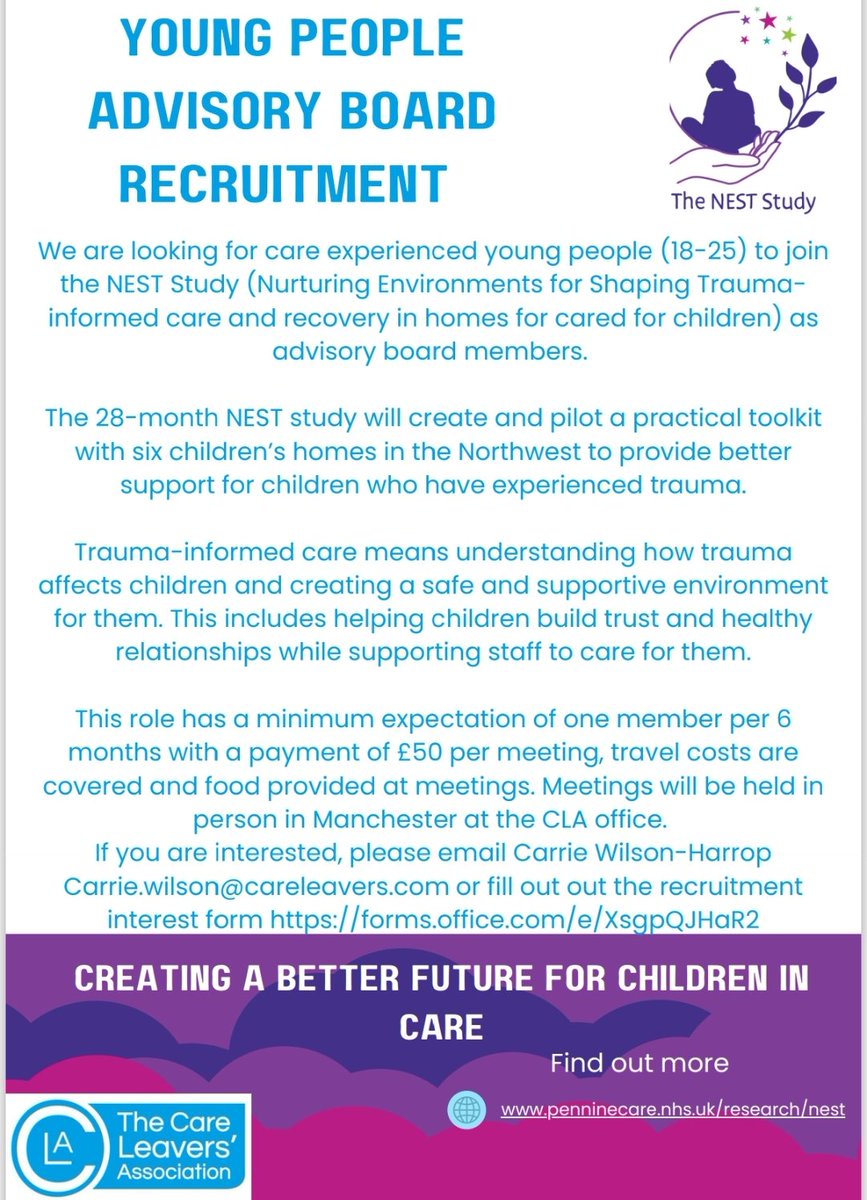 Care Leavers' Assoc (@careleavers) on Twitter photo 🚨 Care-experienced young people (18-25) wanted! 🚨
Join the NEST Study Advisory Board & shape trauma-informed care.
💷 £50 per meeting | 📍 Manchester (travel + food covered) | 🗣️ Your voice matters!
Email Carrie.wilson@careleavers.com or apply: forms.office.com/e/XsgpQJHaR2 🚨 Care-experienced young people (18-25) wanted! 🚨
Join the NEST Study Advisory Board & shape trauma-informed care.
💷 £50 per meeting | 📍 Manchester (travel + food covered) | 🗣️ Your voice matters!
Email Carrie.wilson@careleavers.com or apply: forms.office.com/e/XsgpQJHaR2