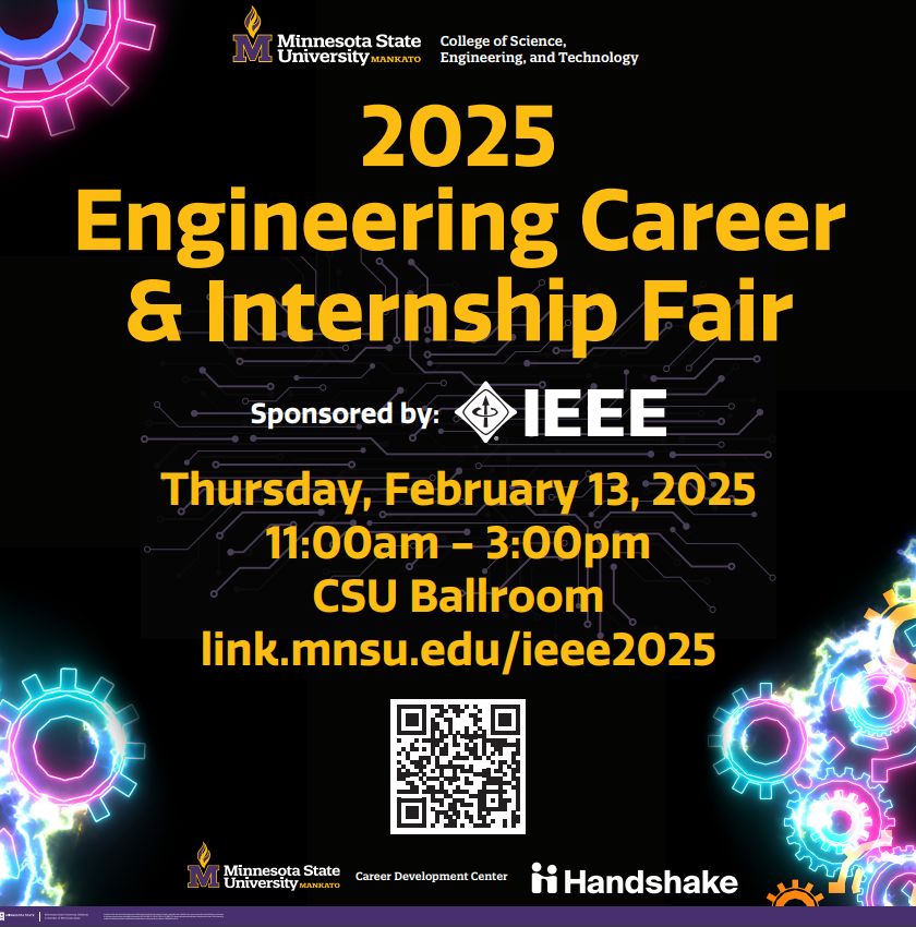 cdcmnsu's tweet photo. Tuesday Tip! The 2025 Engineering Career &amp; Internship Fair sponsored by IEEE is happening Thursday, Feb. 13! ⚙️ 🤘 Learn more about the event, which employers will be in attendance, and how to prepare here: https://t.co/k2mBLmhisE 
#MNSU #MavFam #ieee2025 https://t.co/ugOvFdFwAx
