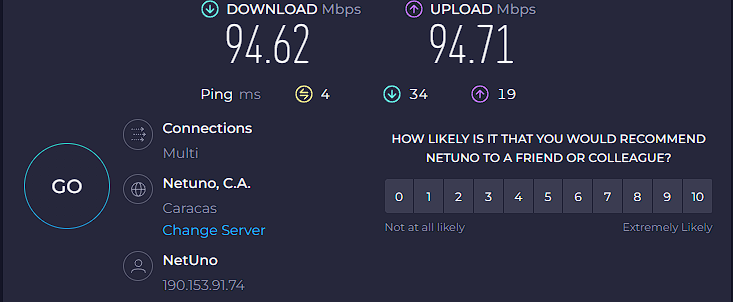 Mi conexión con <a href="/NetUnoOficial/">NetUno</a> , fibranet tiene velocidades por debajo de 100 Mbps