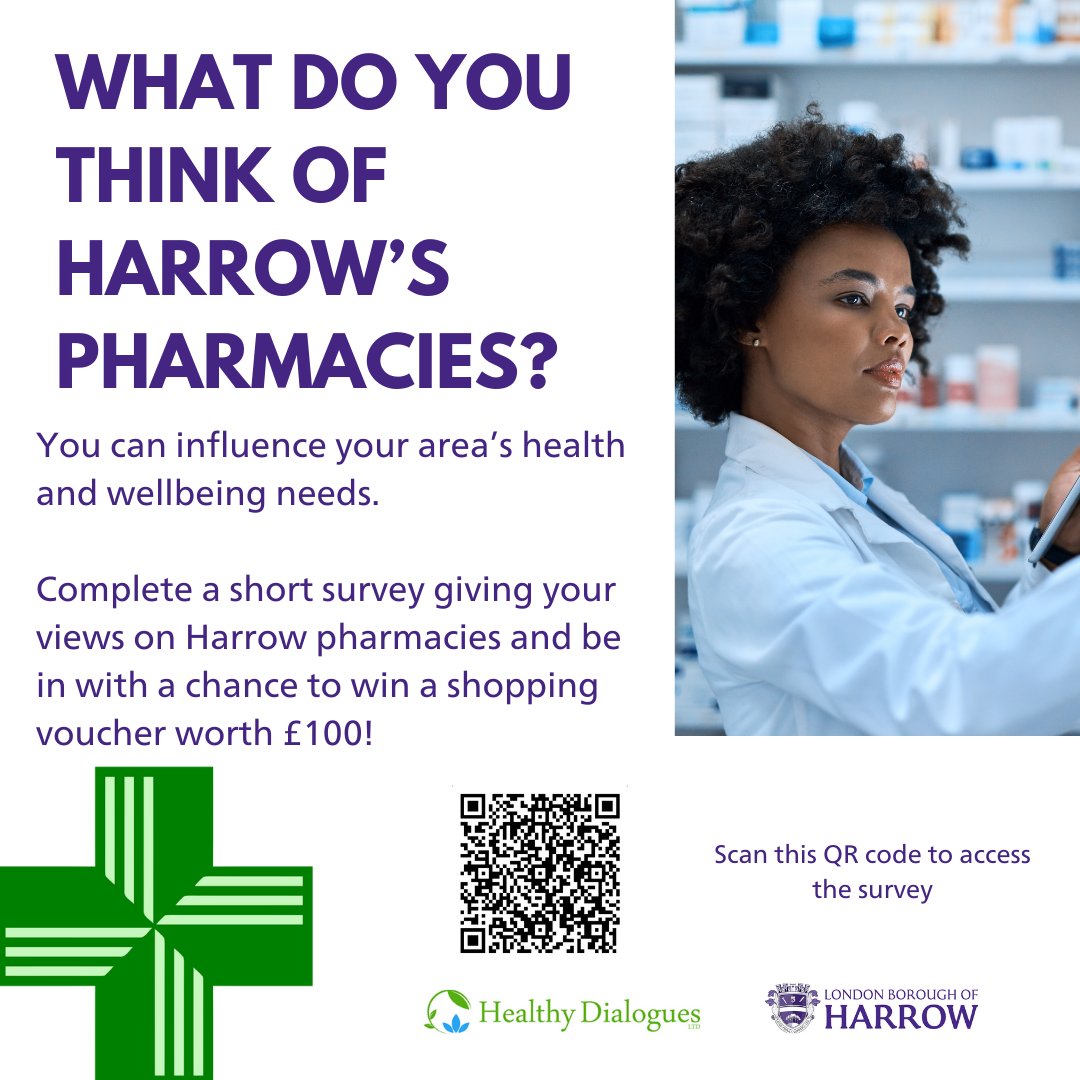 Help to shape help the essential health and wellbeing needs of your area by telling Harrow Council what you think about local pharmacies. Click the link to complete a short survey and you might even win a £100 shopping voucher! forms.office.com/pages/response…