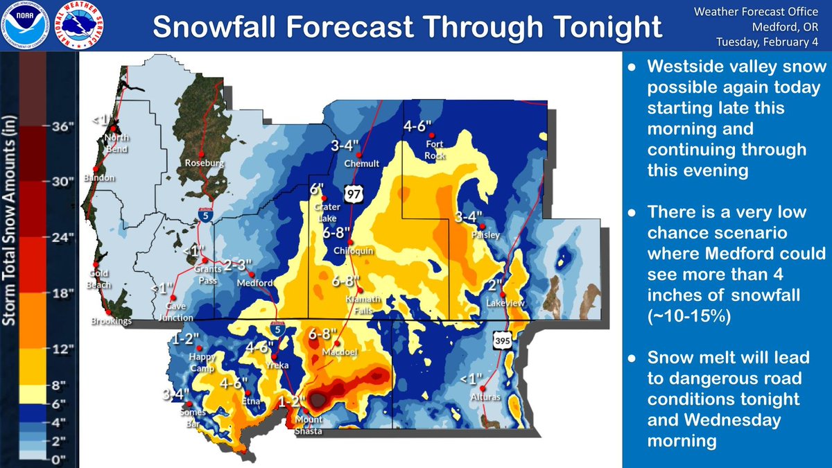 Snow is anticipated to continue across swaths of southern Oregon and northern California today and tonight. These are amounts expected through about midnight today. More snow possible later this week.