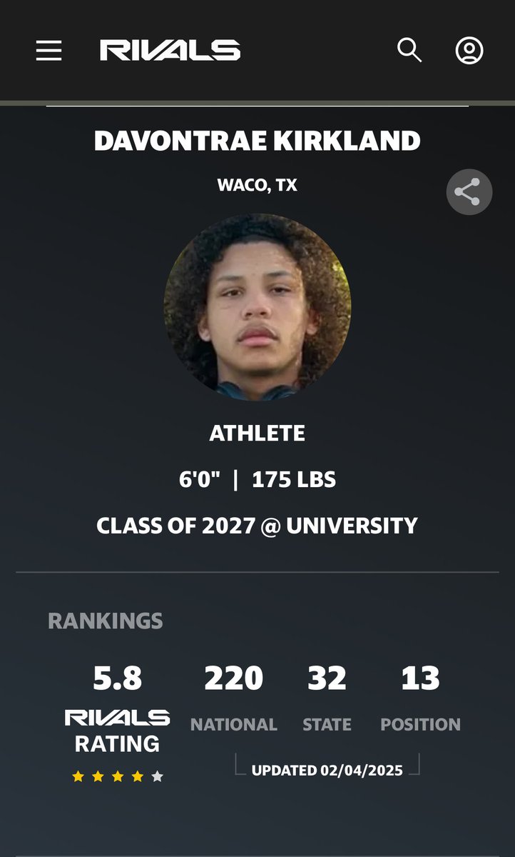 Davontrae "D-TRAIN" Kirkland (@ddavontrae) on Twitter photo BLESSED to be ranked a 4 ⭐️ <a href="/RivalsCamp/">Rivals Camp Series</a> <a href="/Rivals/">Rivals</a> <a href="/samspiegs/">Sam Spiegelman</a> <a href="/RivalsFriedman/">Adam Friedman</a> <a href="/adamgorney/">Adam Gorney</a> @RivalsLandyn <a href="/Bdrumm_Rivals/">Brandon Drumm</a> <a href="/BDammone/">Along The Wire</a> <a href="/GregSmithRivals/">Greg Smith</a> <a href="/JohnGarcia_Jr/">John Garcia, Jr.</a> <a href="/dctf/">Dave Campbell's — TexasFootball.com</a> <a href="/GPowersScout/">Greg Powers 🏟️</a> <a href="/WacoUFootball/">Waco University Football</a> <a href="/RecruitTheU/">Recruit The U</a> <a href="/CoachK_Johnson/">Coach KJ</a> @CoachFoster77 <a href="/BamPerformance/">Bam Performance</a> <a href="/JScruggs247/">Jordan Scruggs</a> <a href="/Marchen44/">On Da Marc Sports🏈</a> BLESSED to be ranked a 4 ⭐️ <a href="/RivalsCamp/">Rivals Camp Series</a> <a href="/Rivals/">Rivals</a> <a href="/samspiegs/">Sam Spiegelman</a> <a href="/RivalsFriedman/">Adam Friedman</a> <a href="/adamgorney/">Adam Gorney</a> @RivalsLandyn <a href="/Bdrumm_Rivals/">Brandon Drumm</a> <a href="/BDammone/">Along The Wire</a> <a href="/GregSmithRivals/">Greg Smith</a> <a href="/JohnGarcia_Jr/">John Garcia, Jr.</a> <a href="/dctf/">Dave Campbell's — TexasFootball.com</a> <a href="/GPowersScout/">Greg Powers 🏟️</a> <a href="/WacoUFootball/">Waco University Football</a> <a href="/RecruitTheU/">Recruit The U</a> <a href="/CoachK_Johnson/">Coach KJ</a> @CoachFoster77 <a href="/BamPerformance/">Bam Performance</a> <a href="/JScruggs247/">Jordan Scruggs</a> <a href="/Marchen44/">On Da Marc Sports🏈</a>