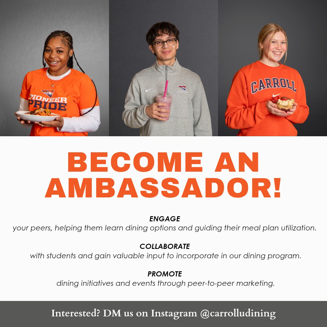 Want to be the next face of Carroll U Dining ? 🍴 Become a Dining Ambassador! Get $20 in dining dollars each month for sharing your dining experiences and engaging your peers on socials. DM us for an application! Deadline to apply is the 15th! #carrolludining