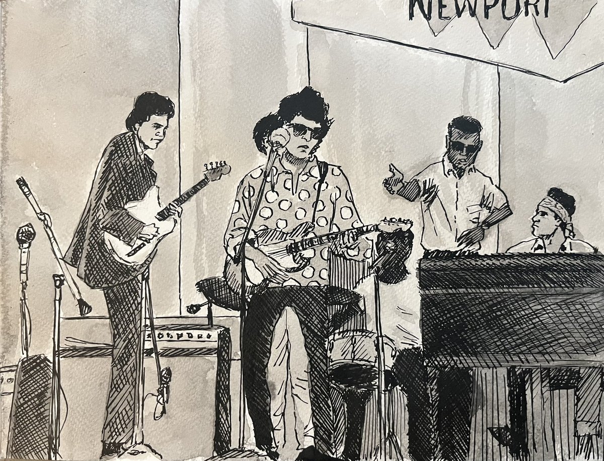 PeterLandau's tweet photo. Barry Goldberg (far right), Who Backed Dylan When He Went Electric #obitpix #barrygoldberg #keyboardplayer #bobdylan #newportfolkfestival1965 #electricflag #artofinstagram #penandink #drawing #illustration #portraitdrawing https://t.co/sZOhqBYIkA