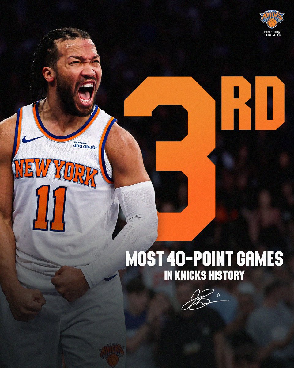 Jalen Brunson recorded 40+ points for the 18th time as a Knick, which passes Carmelo Anthony for the third most in franchise history.
