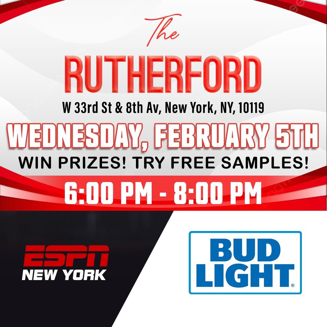 🚨 TOMORROW ‼️🚨 

Join #TeamESPN and <a href="/budlight/">Bud Light</a> at The Rutherford NYC (W 33rd Street and 8th Avenue, New York, New York, 10119) on Wednesday, February 5th from 6:00PM-8:00PM!

WIN PRIZES and TRY FREE SAMPLES!

DON'T MISS OUT! ALL STARTING AT 6:00PM!

It's all thanks to Bud Light!