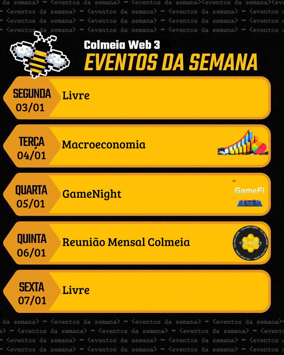 Semana movimentada na Colmeia! 🐝

🚀 Terça – Macroeconomia: como o novo cenário impacta o mercado?

🎮 Quarta – Game Night: novas oportunidades no mundo dos games!

🐝 Quinta – Reunião da comunidade: bora alinhar os próximos passos!