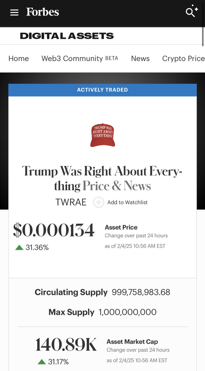 0xdeejack's tweet photo. 🚨 BREAKING NEWS 🚨

Forbes is talking about Trump’s new hat and the coin linked to it!

“Trump Was Right About Everything” is the new “Make America Great Again” 🇺🇸

Position accordingly 🫵😉 https://t.co/o9M2ckUNSL