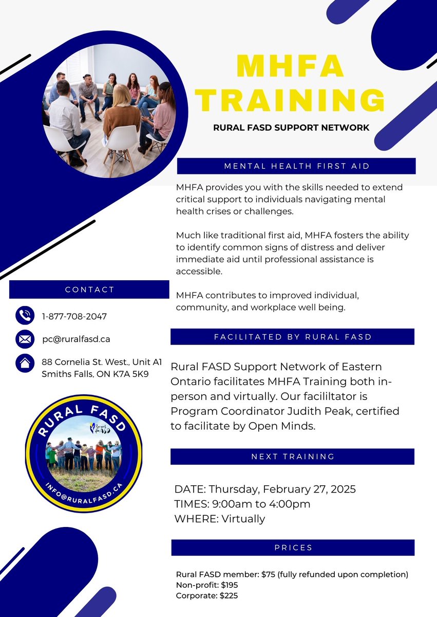 Rural FASD offers Mental Health First Aid Training - excellent training for helping those in crisis. We have two dates coming up: Feb 27 and May 22. Discounted rates for non-profit and FREE for Rural FASD members. For more info contact Tanya at info@ruralfasd.ca.