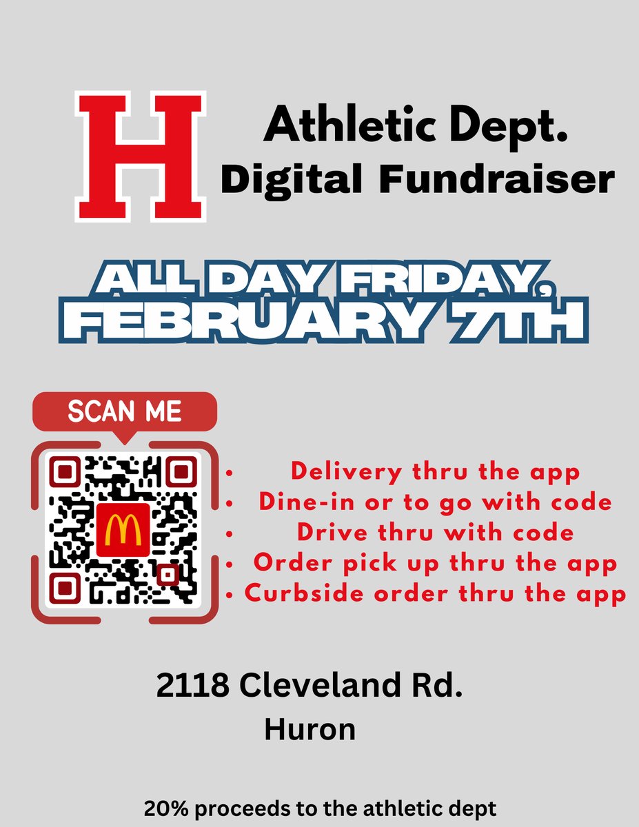 Time for another McDonald's Day!

This Friday, head on over to McDonald's (using the QR code/flyer below) to help fundraise for Huron Athletics! 20% of all proceeds to go Huron Athletics.

#TigerPride