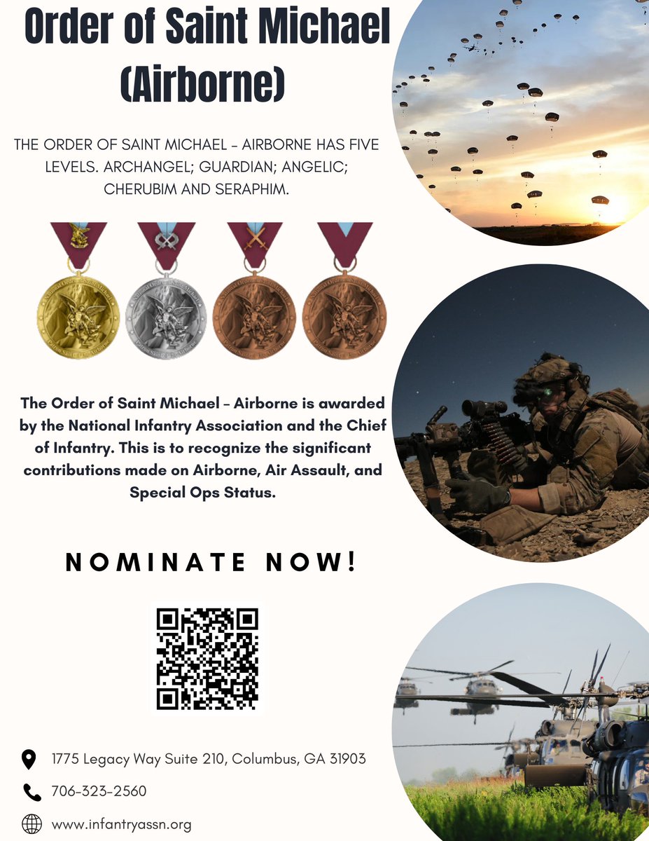 The National Infantry Association, in collaboration with the Chief of Infantry, is proud to present the new Order of Saint Michael (Airborne) award, recognizing outstanding contributions to Airborne, Air Assault, and Special Operations. (1/2)