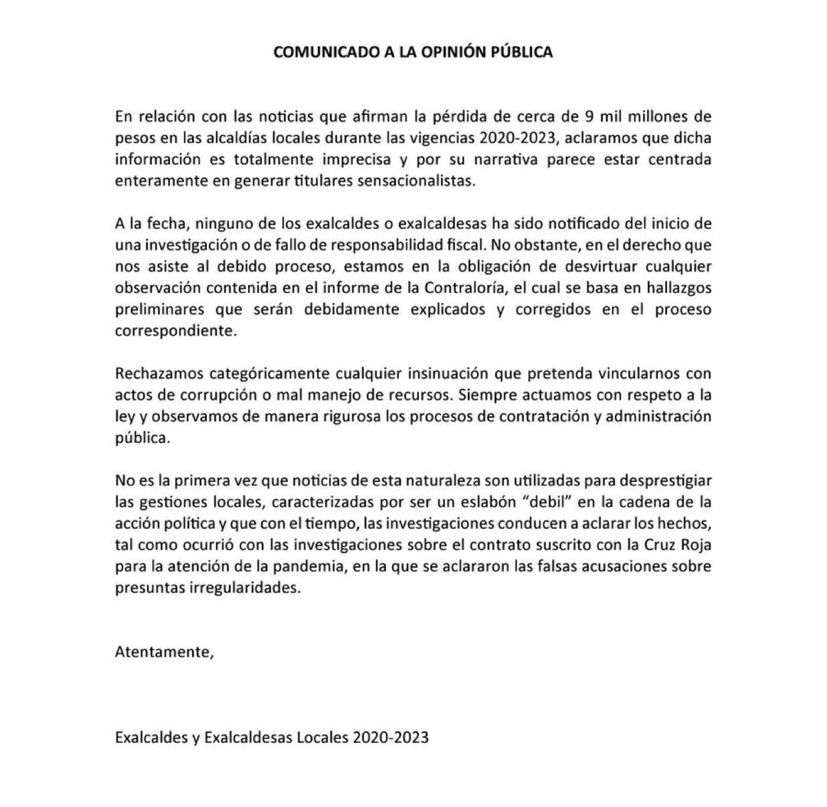 Comunicado con fines políticos, muestra de las malas prácticas de cara a la contienda electoral. En Los Mártires los contratos ni siquiera han terminado, y los hallazgos en su gran mayoría se están subsanando con planes de mejoramiento. ¡Ni robamos, ni se pierden los recursos!