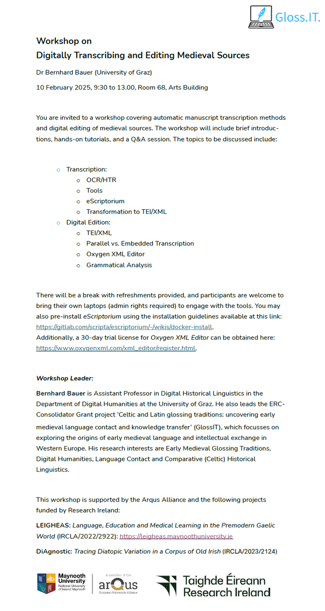 Workshop on:
Digitally Transcribing and Editing Medieval Sources

Dr Bernhard Bauer <a href="/Bernhard_Baver/">GlossIT</a> (GlossIT project; University of Graz)

10 February 2025
9:30-13.00
Room 68, Arts Building
Maynooth University @maynoothuni

Details see below ⬇️