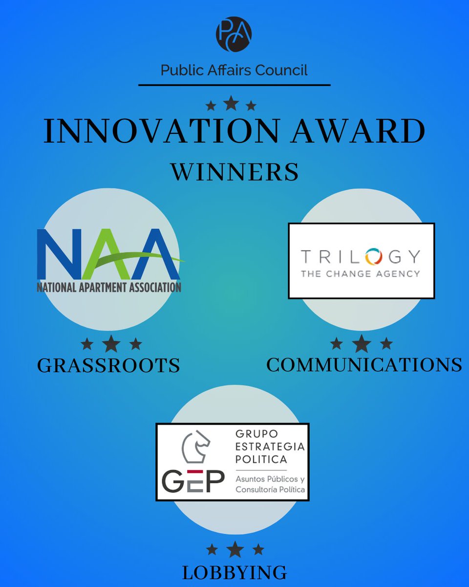 PACouncil's tweet photo. Congrats to @NAAhq, @TrilogyInt and @GEP_Consultoria, our 2025 Innovation Award winners! #Advocacy25 https://t.co/DAE0eKtYwW