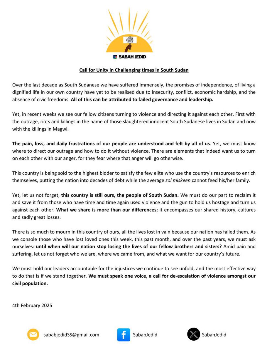 SabahJedid's tweet photo. 2025 has already brought a number of difficult moments for citizens in #SouthSudan we share some reflections &amp; a call for unity and nonviolent solutions from us at #Sabahjedid https://t.co/n63NZbwh7L