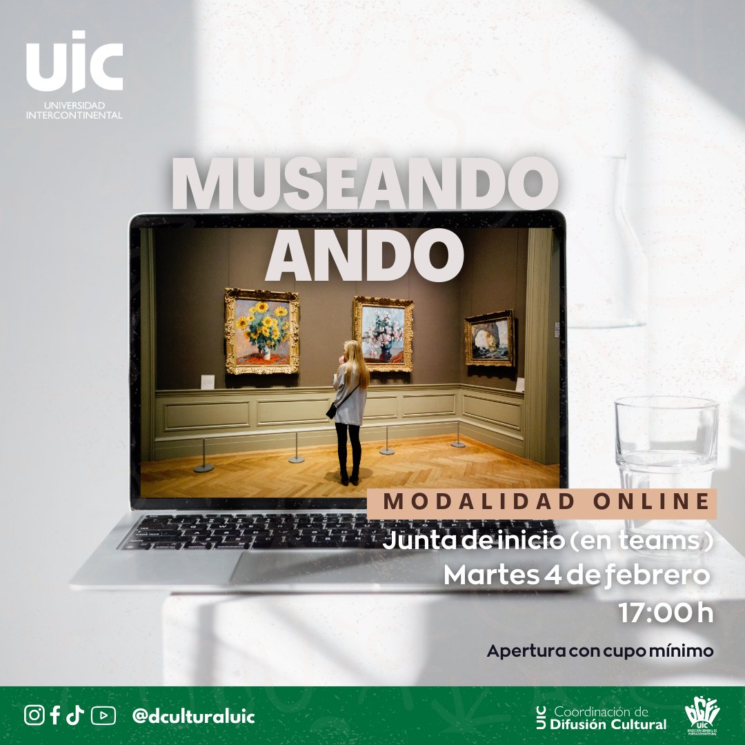¡HOY INICIA!
Asiste a la junta incial de 𝐌𝐔𝐒𝐄𝐀𝐍𝐃𝐎 𝐀𝐍𝐃𝐎
𝑶𝒏𝒍𝒊𝒏𝒆
Inicio en Teams, 4 de febrero, 17h
Más detalles e inscripciones en bit.ly/pua25-2
#CulturaUIC #MuseandoUIC
#PrácticasUniversitariasDeArte