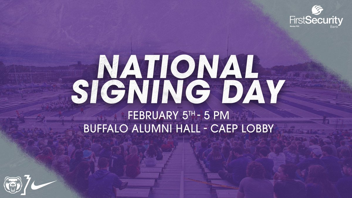 TOMORROW‼️

Join us in Buffalo Alumni Hall's CAEP Lobby for National Signing Day presented by <a href="/FSBank/">First Security Bank</a>! Programing starts at 5 PM.

Hear from Head Coach Nathan Brown about our incoming class of Bears!

#BearClawsUp x #FearTheStripes