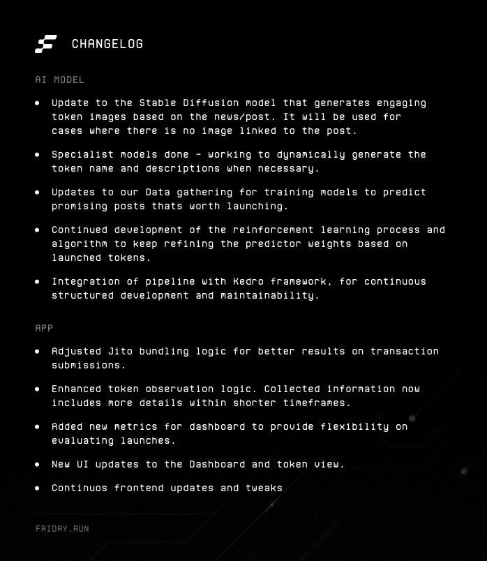Changelog #2

We're committed to keeping you updated every 2-3 days with progress and insights - transparency is everything.

Changelog #1 is in our discord since a couple days back.

Join here:
discord.gg/FridayAI