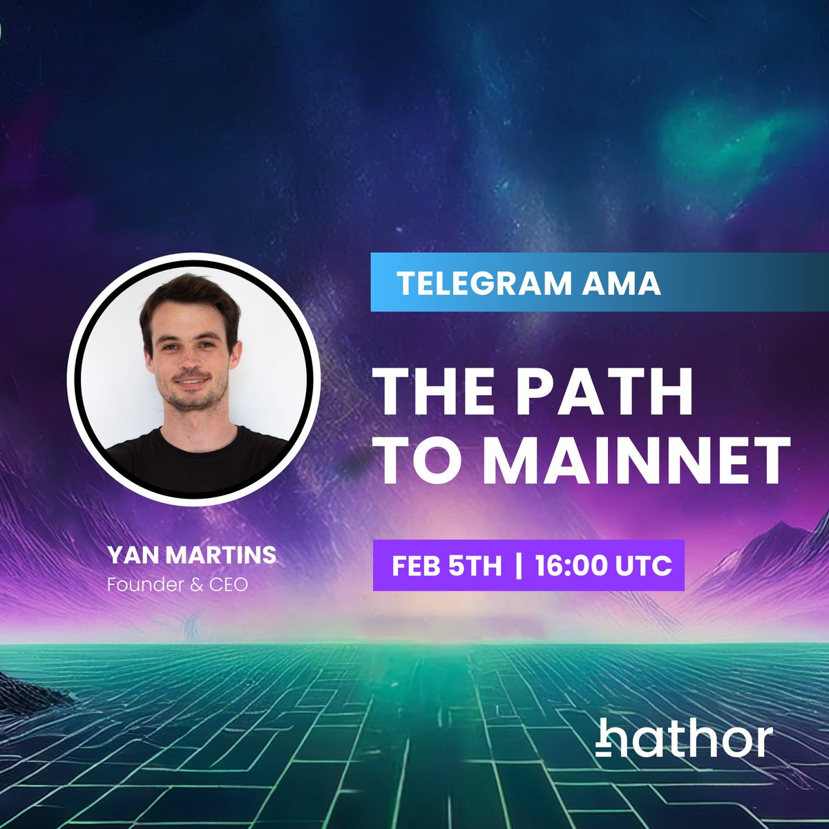 Telegram AMA! 🚨

Join us on Telegram as we answer questions from the community about the next phase of deliverables! 

🪧 Team: Yan Martins (CEO)
📍 Where: t.me/HathorOfficial
⏰ When: Feb 5th, 16:00 UTC
📘 Blog: blog.hathor.network/the-evolution-…

$HTR