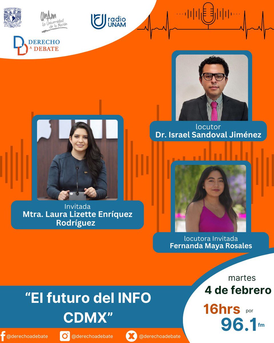 Hoy a las 16:00 hrs por el 96.1 @radiounam , acompáñanos a una charla sobre el futuro del derecho de acceso a la información y el panorama de los #OCAs junto a la Comisionada Presidenta del <a href="/InfoCdMex/">INFO CDMX</a> la Mtra. <a href="/lauraenriquezr/">Laura L. Enríquez Rodríguez</a> 
🎙️ Dr. #IsraelSandoval y #FernandaMaya