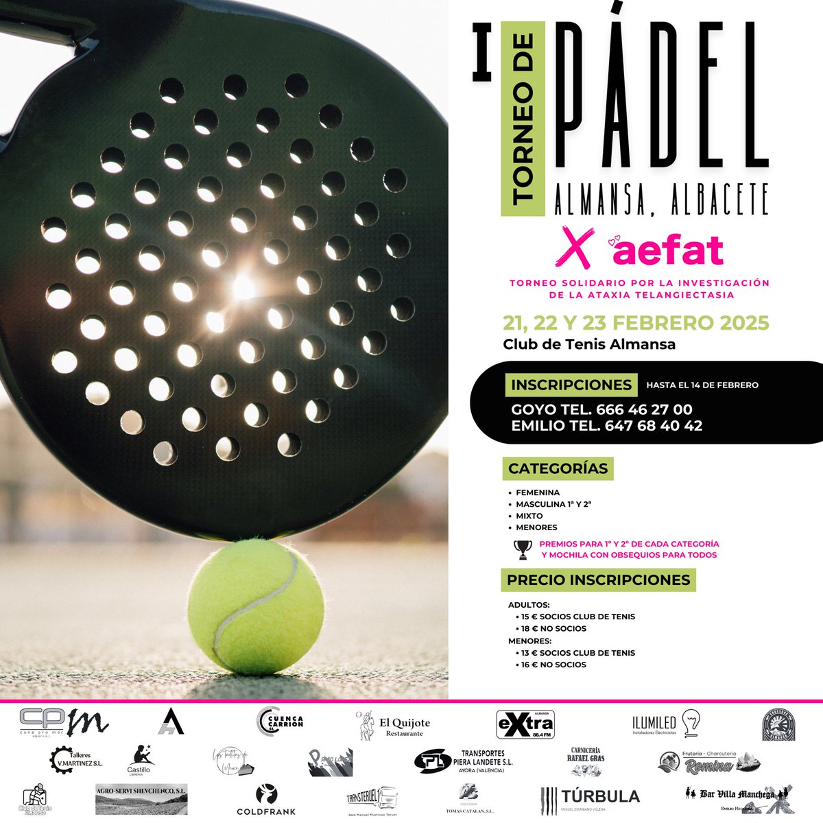 AEF_AT's tweet photo. 💕🎾 I TORNEO DE PÁDEL de ALMANSA, ALBACETE, a beneficio de nuestra asociación, por la investigación de la ataxia telangiectasia
🗓️ 21, 22 Y 23 FEBRERO 2025
📍 Club de Tenis Almansa
#almansa #albacete #pádel #torneodepadel #padelsolidario #aefat #ataxiatelangiectasia https://t.co/AeUBnFXXaw