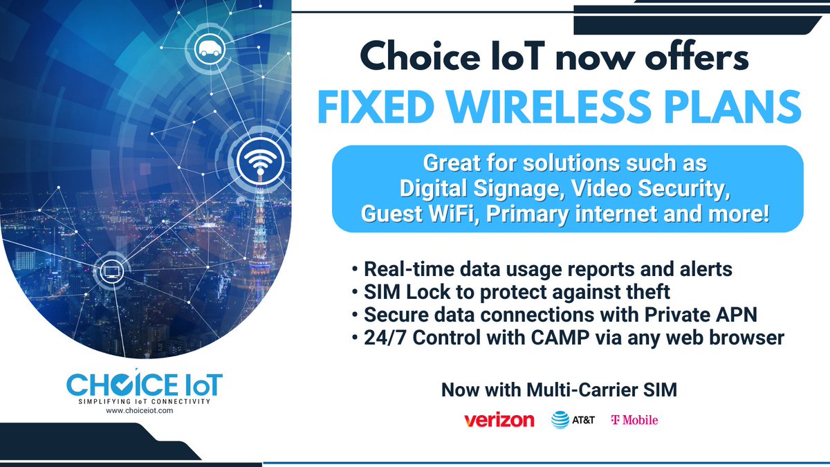 Solution providers: Are you looking for the best Fixed Wireless Access? <a href="/ChoiceIoT/">Choice IoT</a> is the best option for your needs.
Visit bit.ly/4aNqzRT to learn more.
#FWA #tmobile #verizon #att #4G #5G #LTE #multicarriersim #iotsim #choiceiot