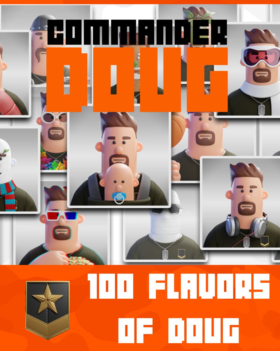 commanderdougio's tweet photo. What Flavor of Doug will reach Commander First?
100 Flavors
7 Ranks
Fuse Dougs to Reveal New Art as they Rank Up!
What's your Favorite Flavor of Doug?
Post you Favorite Flavor in the comments! Lets see which Flavor of Doug has the most Loyal Recruits!
#CommanderDoug
#BTC https://t.co/mU8pX2wBW5