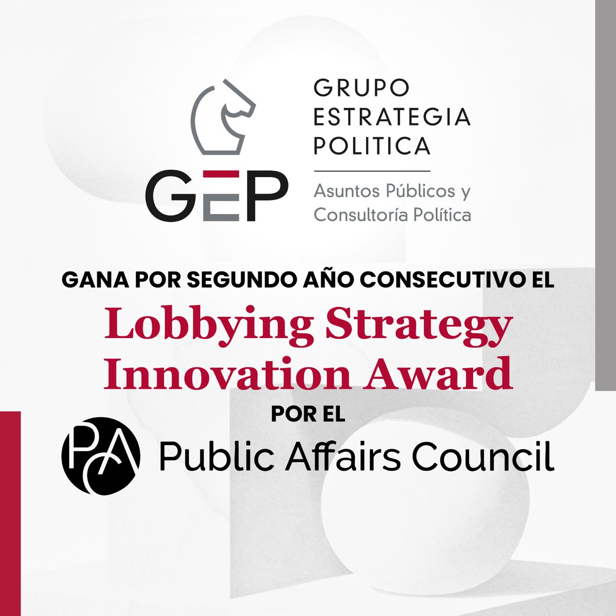 GEP_Consultoria's tweet photo. 📰GEP Informa📰  

Nuestra firma ha sido reconocida, por 2do año consecutivo, con el Lobbying Strategy Innovation Award, que otorga el @PACouncil. 🙌

Se trata de la primera vez en la historia del premio que una firma recibe el reconocimiento en años consecutivos.

Muchas felicidades al equipo premiado y a todos los miembros de @GEP_Consultoria por su contribución al desarrollo de enfoques de alto impacto  en asuntos públicos a nivel internacional. 👏

#Advocacy2025 #InnovationAwardWinners
