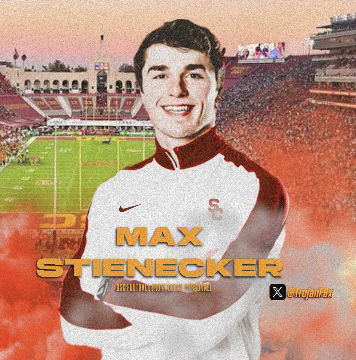 TrojanFBx's tweet photo. USC continues its relentless effort in creating an elite front office staff to better improve recruitment, player acquisition and roster building.

USC hired Max Stienecker, former Wisconsin’s GM, to the front office to presumably assist with USC’s GM, Chad Bowden.

GREAT NEWS for USC!!📈📈📈🔥
