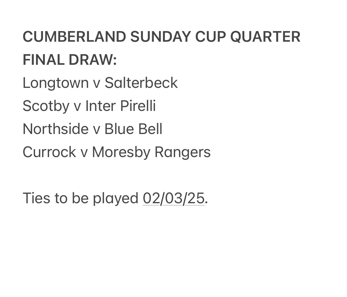 Non League Cumbria (@nlcumbria) on Twitter photo The Cumberland Sunday Cup Quarter Final draw has been made by the Cumberland FA and BBC Radio Cumbria. The Cumberland Sunday Cup Quarter Final draw has been made by the Cumberland FA and BBC Radio Cumbria.