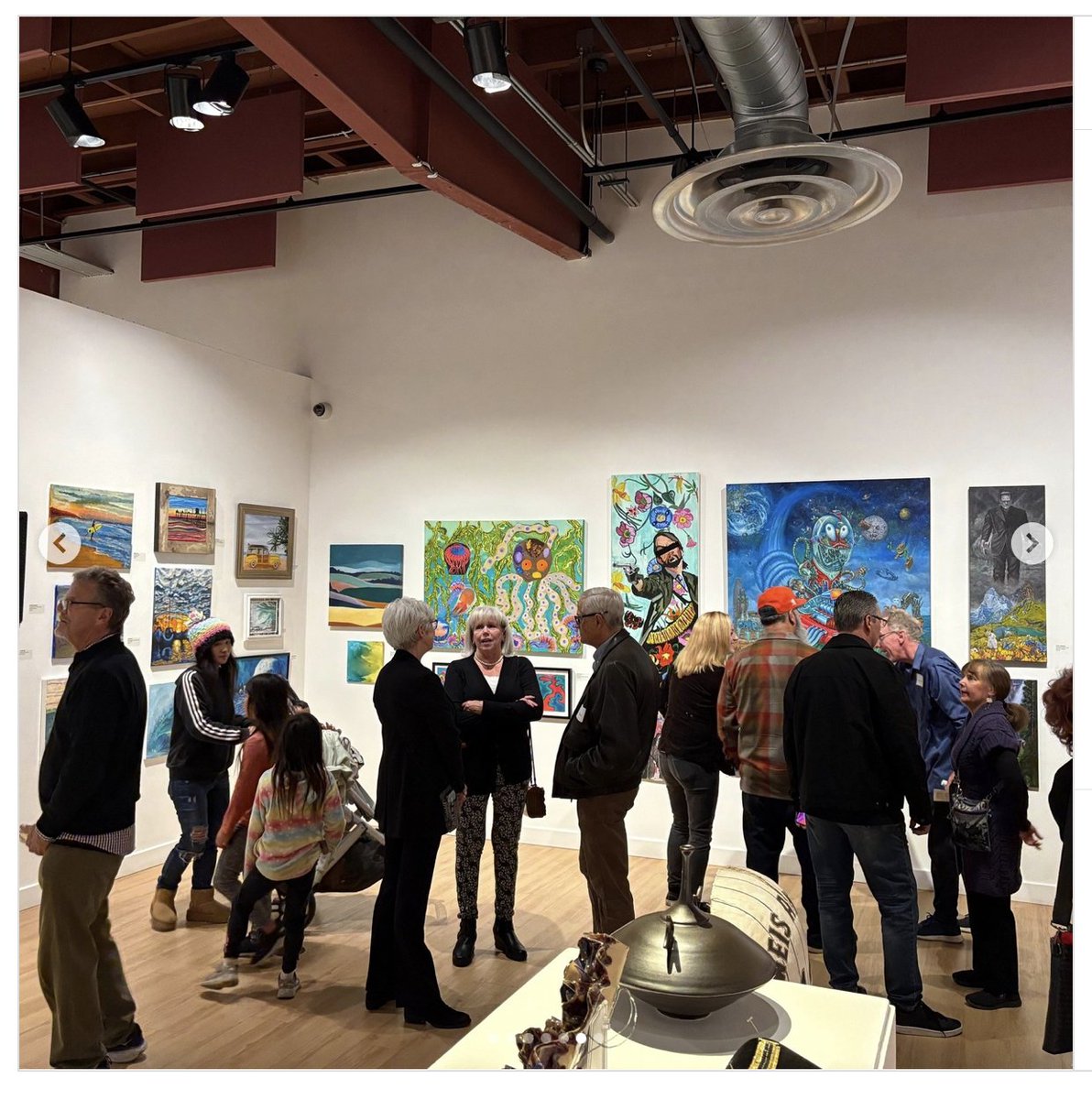 rsart14's tweet photo. Talking about my art at the Huntington Beach Art Center reception. Big blue painting and Frankenstein are mine. https://t.co/iygTAUrTfY