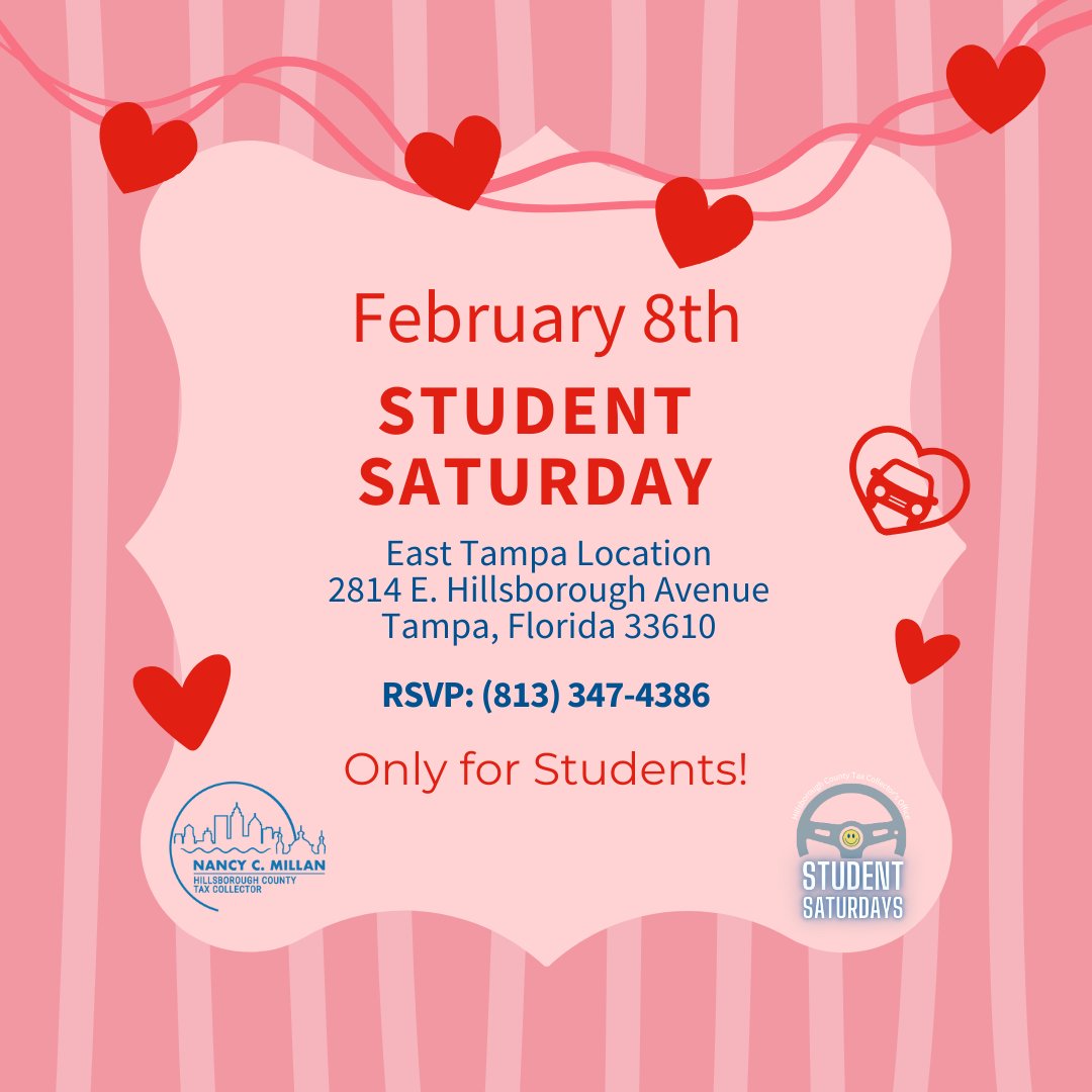 hillstax's tweet image. 💘🚗 Student Saturday is coming… just for YOU! 🚗💘
High school &amp;amp; college students—get your driver license at our special event! 🚦💖

✔️ Road Tests 🚗
✔️ Written Tests ✍️
✔️ Learner’s Permits 📜

By appointment only—call 813-347-4386 to book! 📞
#StudentSaturday #KeysToSuccess