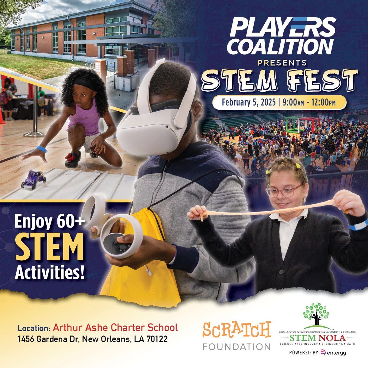 stem_action's tweet photo. Looking forward to the @playercoalition #STEMFesttomorrow, Feb 5th, 9 AM - 12 PM at Arthur Ashe Charter School in NOLA! With @SuperBowlLIX days away, @STEMNOLA will be sparking creativity with 60+ hands-on #STEMactivities! @scratch @calvinmackie#STEMForAll @Entergy https://t.co/KjgBPncaFB