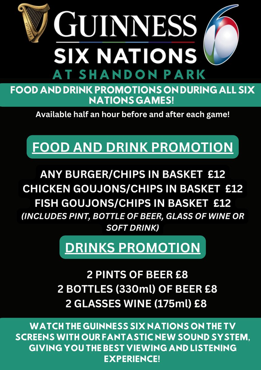 Round 2 of the 🏉 <a href="/SixNationsRugby/">Guinness Men's Six Nations</a> this Sunday with <a href="/IrishRugby/">Irish Rugby</a> ☘️ away to <a href="/Scotlandteam/">Scottish Rugby</a> 🏴󠁧󠁢󠁳󠁣󠁴󠁿.

Get there early and enjoy great food 🍔 and drink 🍻 offers - and superb sound 🔈- <a href="/ShandonParkGC/">Shandon Park GC</a>!
 
#GuinnessM6N #LoveSPGC #TeamOfUs 

<a href="/ShandieLeaks/">Jonathan Guest</a> <a href="/SharonSmurfit/">SharonSmurfit</a> <a href="/PaulaMaca11/">Paula Bleakley</a> <a href="/N1G3L_/">Nigel Winter</a>
