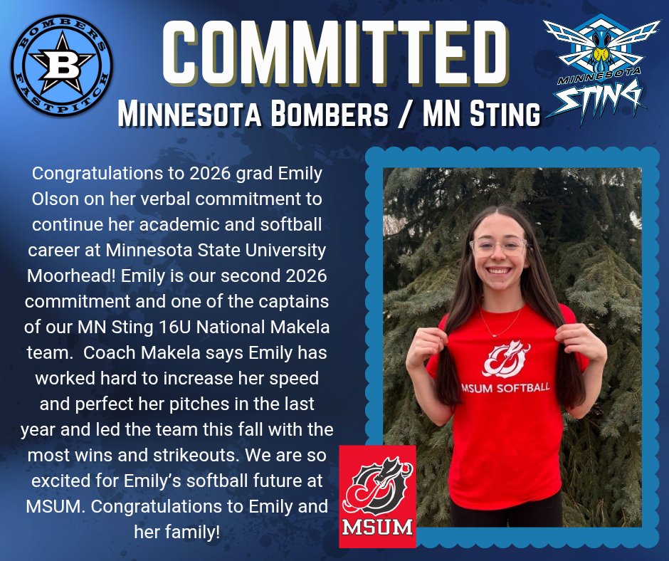Minnesota Bombers (@mnbombers) on Twitter photo Congratulations to 2026 Emily Olson on her verbal commitment to Minnesota State University Moorhead! Emily is in her second year with the MN Sting/Bombers organization as a pitcher/3B/2B. Congratulations, Emily - we are so proud of you!
<a href="/EOlson2026/">Emily Olson</a> Congratulations to 2026 Emily Olson on her verbal commitment to Minnesota State University Moorhead! Emily is in her second year with the MN Sting/Bombers organization as a pitcher/3B/2B. Congratulations, Emily - we are so proud of you!
<a href="/EOlson2026/">Emily Olson</a>