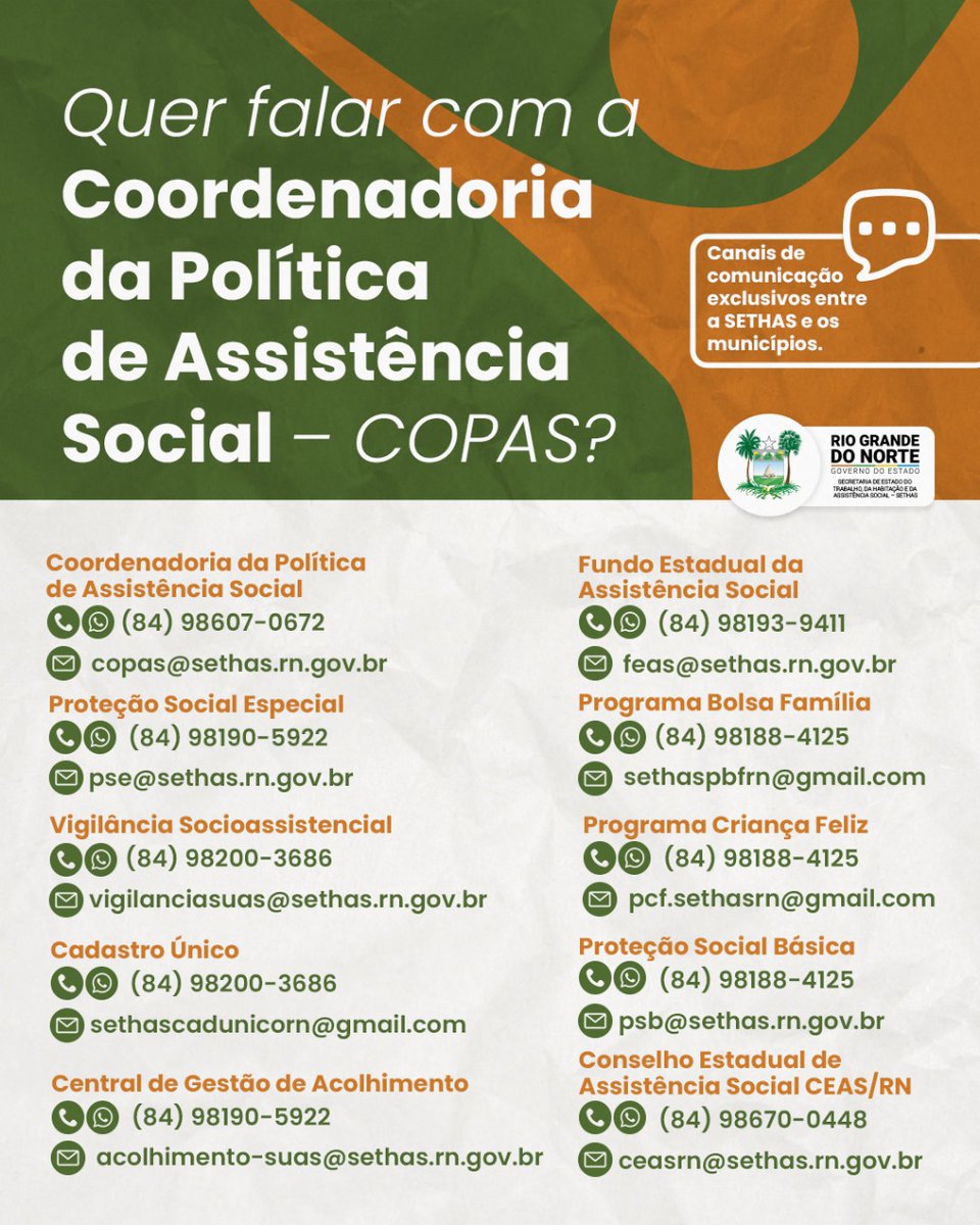 rnsethas's tweet image. ✳️🔶 Você que é da Assistência Social dos municípios do Rio Grande do Norte SE LIGA neste recado da SETHAS.
Os e-mails para contatos com a Coordenação da Política de Assistência Social (COPAS) mudaram.