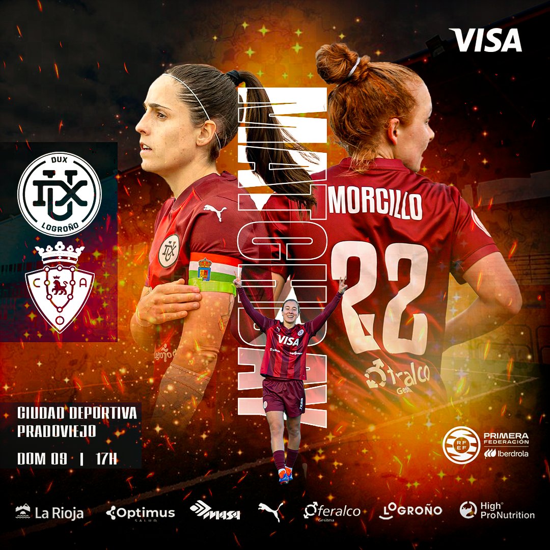 ¡Partidazo en Pradoviejo este fin de semana!
Recibimos al <a href="/Osasuna_fem/">C.A. OSASUNA</a> el domingo a las 17h 💪🏼
¡Hagamos rugir nuestras gradas vinotintos! ⚔️

#GoDUX #seguimoscreciendo