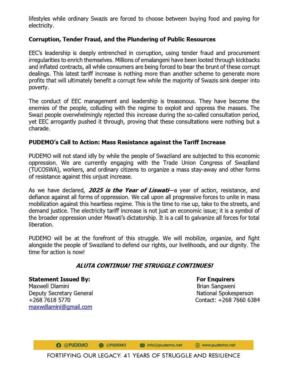 PUDEMO Statement Condemning the 14% Electricity Tariff Increase by Eswatini Electricity Company (EEC)