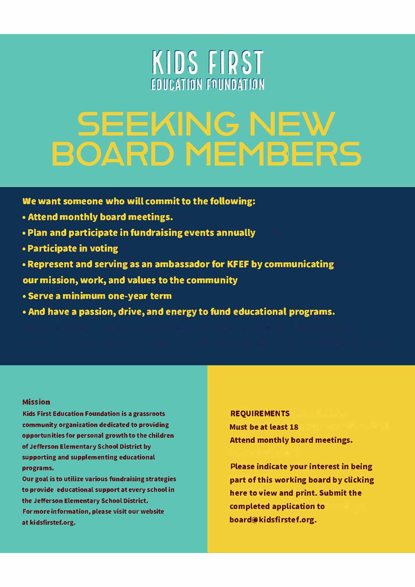 Kids First Education Foundation is seeking new Board Members! Learn more here: drive.google.com/file/d/1z6M1v_…