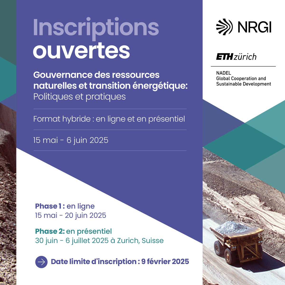 Les candidatures pour notre formation avancée 2025 avec @ETH_NADEL sur la gouvernance des ressources et la transition énergétique se clôturent cette semaine, le 9 février.

📅 15 mai – 5 juillet 2025

🌍 À distance et en présentiel (Zurich)

Ne manquez pas cette opportunité -