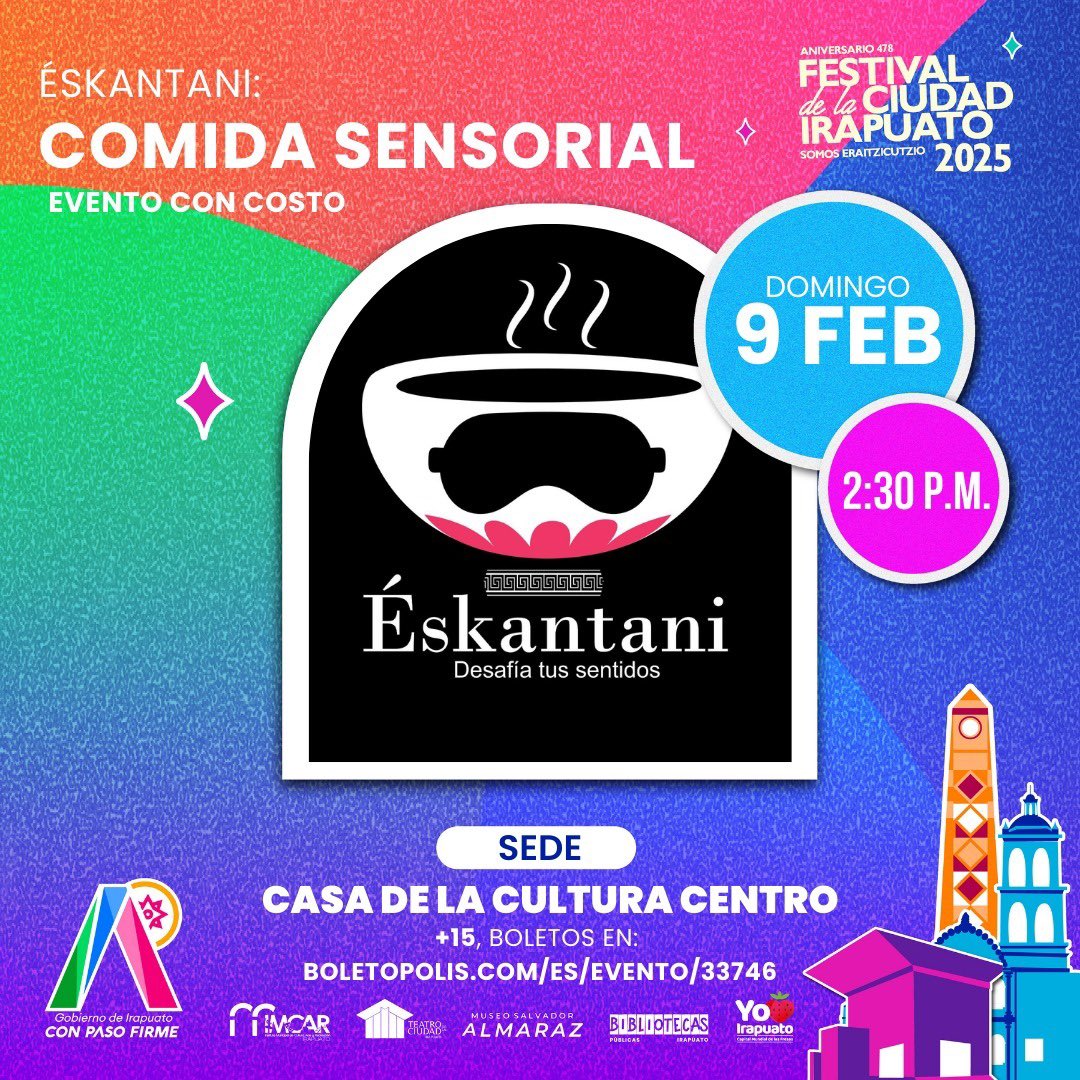 ¡#Irapuato celebra su aniversario con sabores únicos! 📆Este sábado 8 y domingo 9 de febrero, sumérgete en un mundo de sabores y texturas con 
Eskantani. 

📍Casa de la Cultura Centro 

#SomosEraitzicutzio478 #ConPasoFirme #AquíEsIrapuato