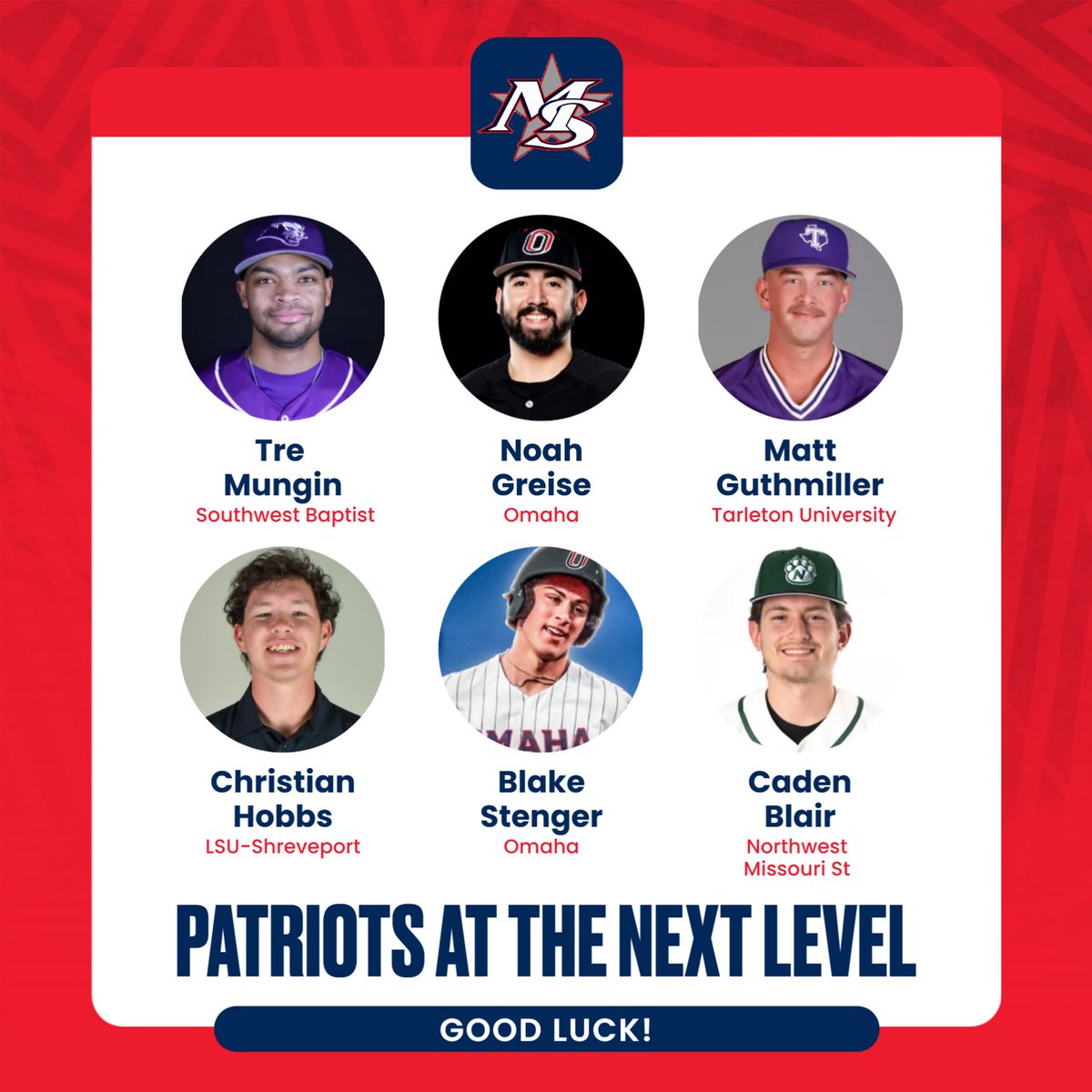 Best of luck to our former baseball players as they start their college season. Tremendous group of guys!

<a href="/Tr3munge/">Tre</a> <a href="/noahgreise/">Noah Greise</a> <a href="/matthewguth19/">Matthew Guthmiller Jr.</a> <a href="/christianhobb5/">Christian Hobbs</a> <a href="/StengerBlake/">Blake Stenger</a> <a href="/CadenBlair11/">Caden Blair</a>