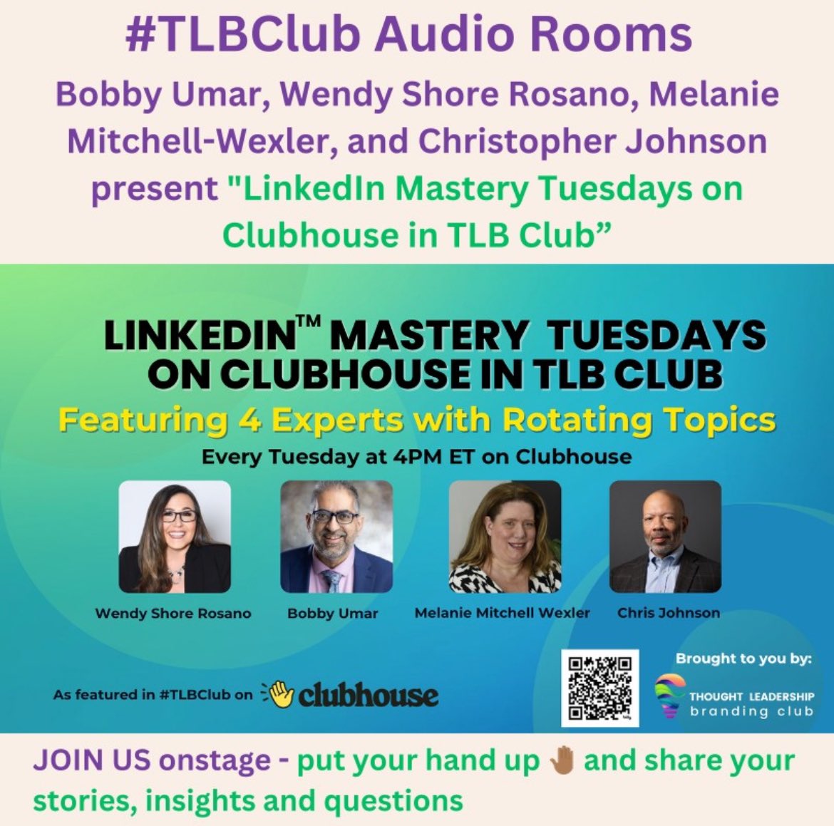raehanbobby's tweet image. I’m speaking in this audio room today at 4pm on @Clubhouse. 

LinkedIn Mastery - join us! 

clubhouse.com/invite/o7LHq67…

#linkedintrainer #linkedin #linkedintipsandtricks
