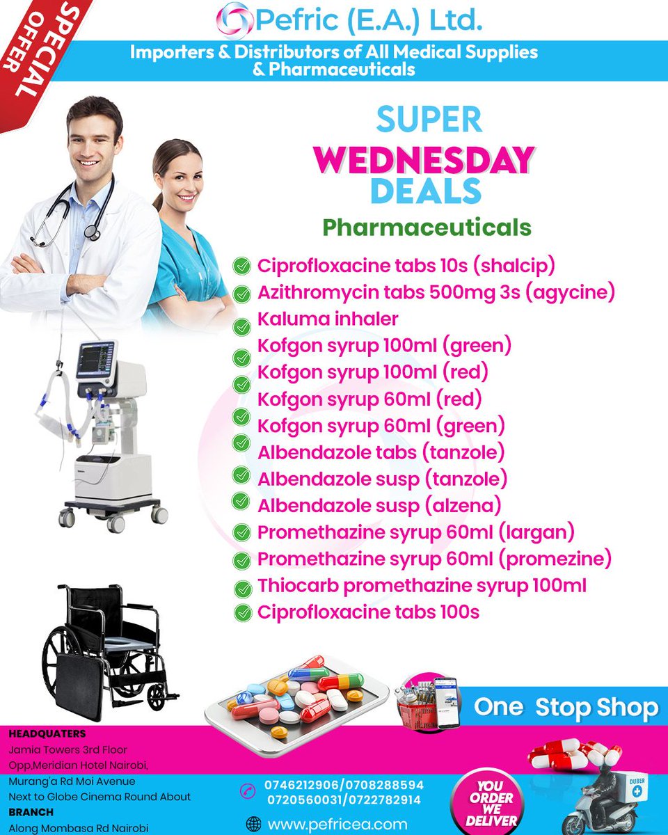 EPefric's tweet image. 🌟 Wonderful Wednesday Offers! 🌟

Celebrate the new month with incredible deals this Wednesday at Pefric EA LTD!

For inquiries, contact us at:

0746212906

0708288594

0720560031

0722782914

#NewMonthDeals #Pharmaceuticals #NonPharmaceuticals #PefricEALtd #MedicalSupplies