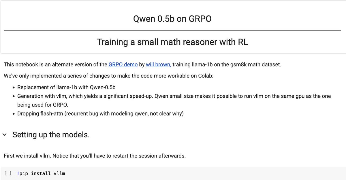 Wow, someone just released a notebook to train a reasoning LLM with the new RL algorithm from DeepSeek, GRPO. 

In <2 hours, you can transform a very small model, Qwen 0.5 (500 million parameters) into a tiny math reasoning machine.