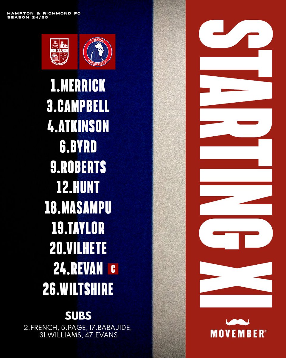 hrbfc1921's tweet photo. Your Beavers to take on Dorking Wanderers🦫🦫!

Campbell, Hunt &amp; Wiltshire return to the Starting XI!
Come on You Beavers!!🔴🔵 https://t.co/r8eNIOCjGN